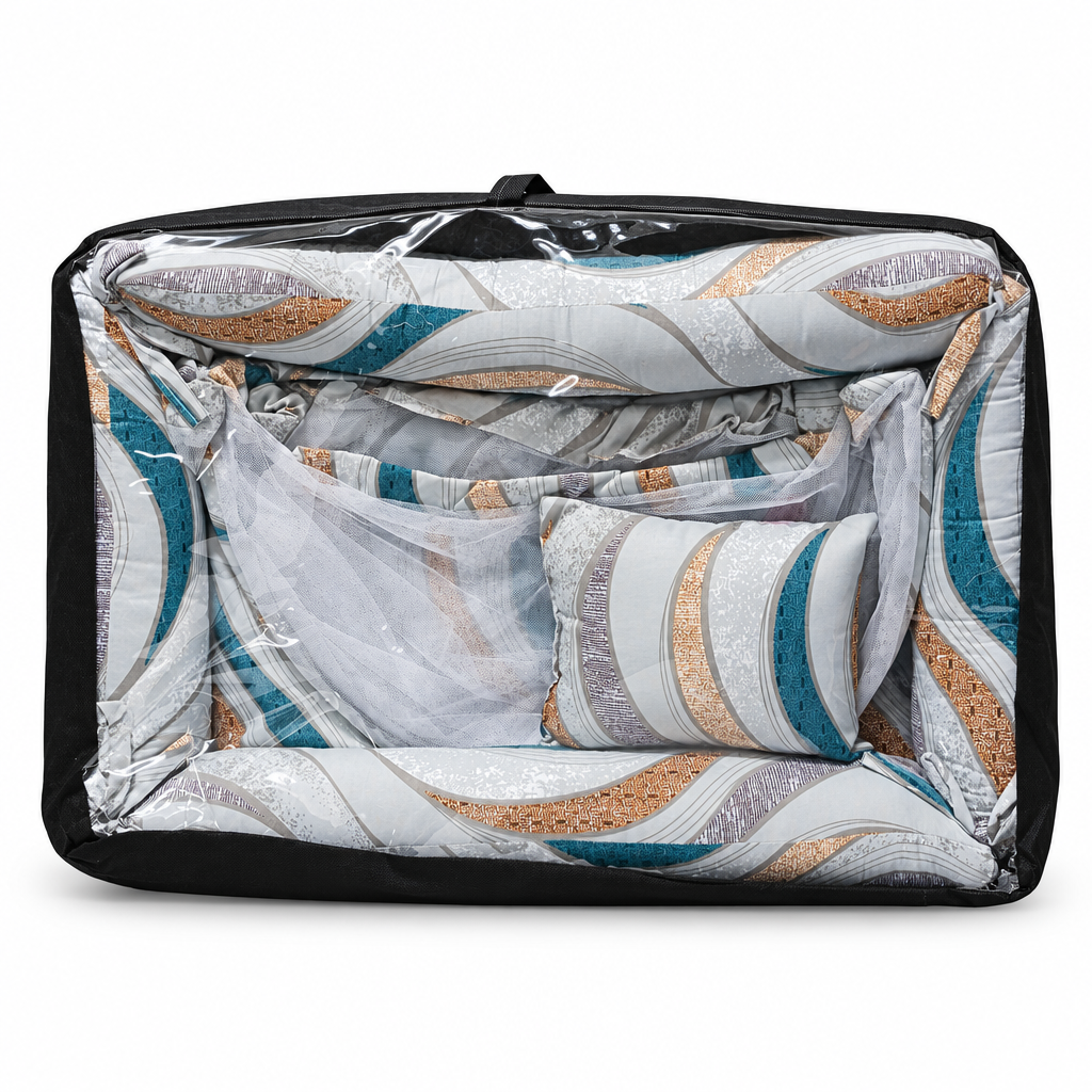 Co-sleeper in beige floral print, packaged