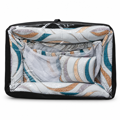 Co-sleeper in beige floral print, packaged