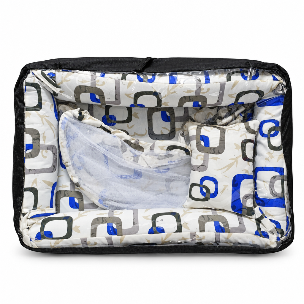 Co-sleeper in teal and gold wave print, packaged