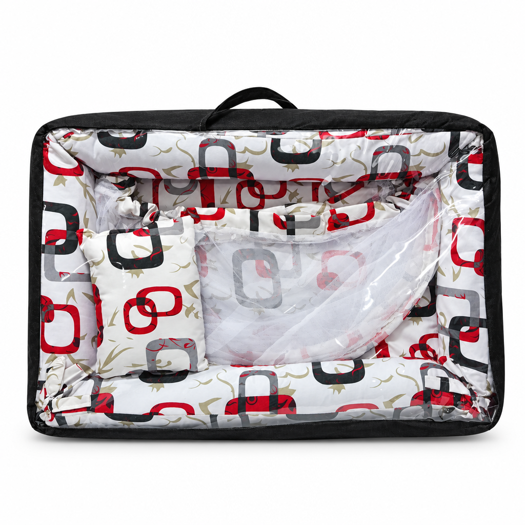 Co-sleeper in red, black and grey geometric print, packaged