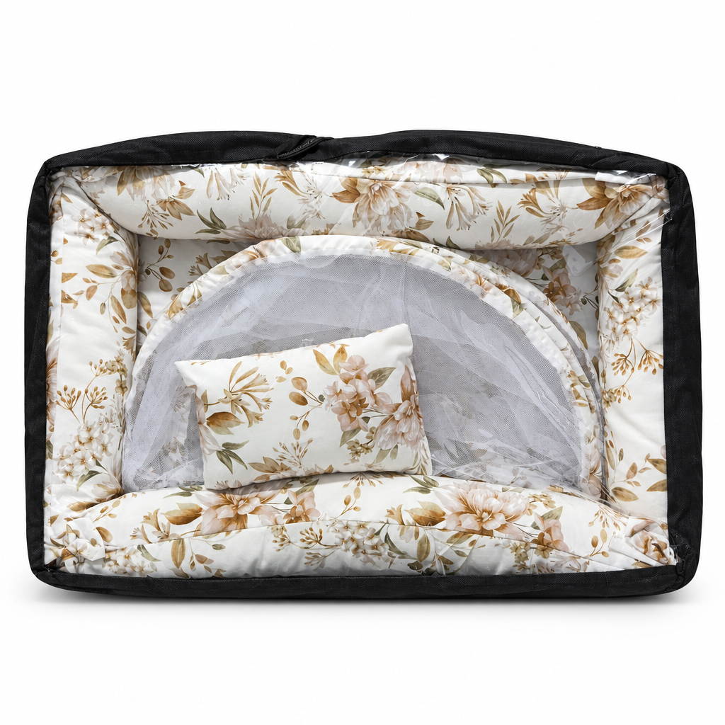 Co-sleeper in grey geometric print, packaged