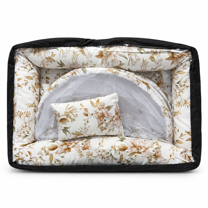 Co-sleeper in grey geometric print, packaged